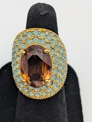 Anel Swarovski Elements Luxury Smoky Topázio Declaração-Latão-Chapeamento Dourado-Tamanho 7-8 - Imagem 1 de 4