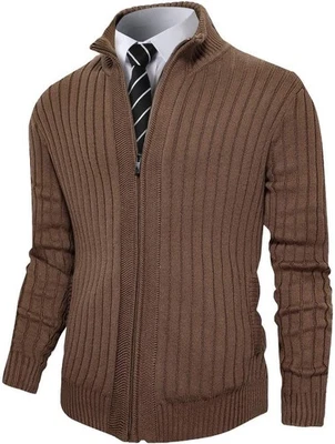 Men's Zip Up Cardigan Sweater Slim Fit Stand Collar Knit Jacket with Pockets - Image 1 of 4