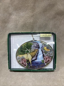 ZK Porcelain Ornament Oregon Elk 24k Gold Leaf Waterfall Park Nature Bird - Picture 1 of 2