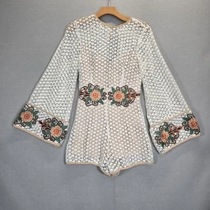 Selfie Leslie Crochet 3/4 Bell Sleeve Floral Embroidered Lace Short Romper S - Picture 1 of 15
