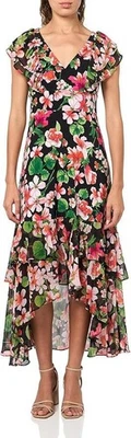 Maxi vestido para mujer Tommy Hilfiger con cuello en V manga gorra en capas - negro floral - 16 Foto 1 de 4