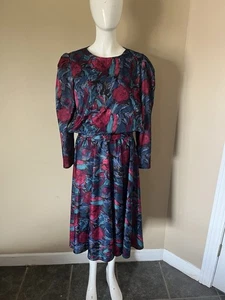 Vtg 80s Floral Midi Dress Belted Puff Sleeve Purple Blue Red Abstract Print M - Picture 1 of 7