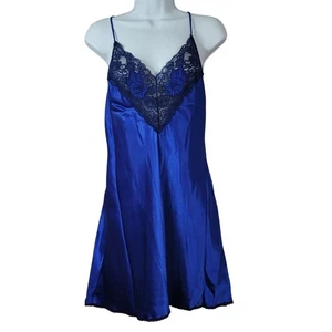 Val Mode Lingerie Blue Medium Black Lace Trim Nightie USA SatinChemise Slip VTG - Picture 1 of 6