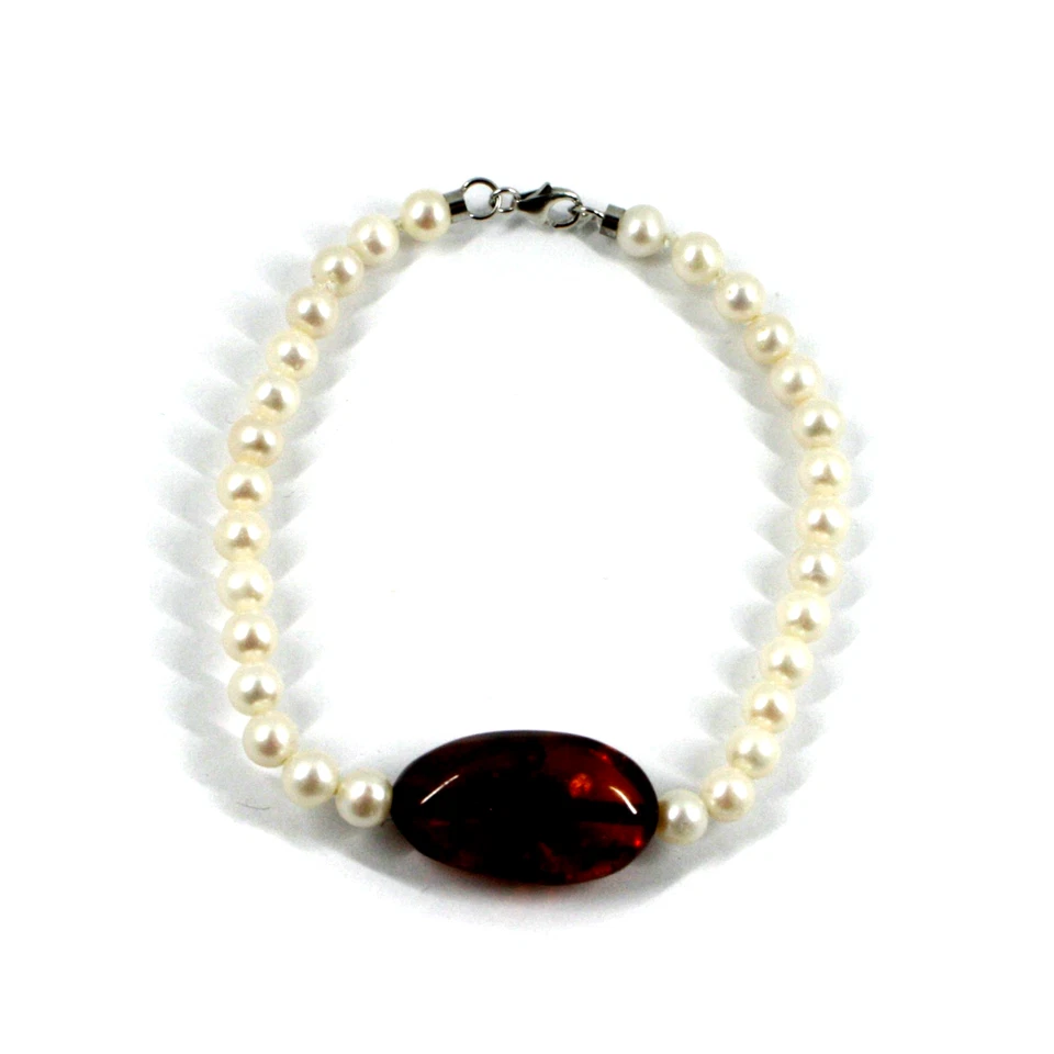 Pulsera oro blanco 18k 7.5", blanco fw 5mm perlas y pepita ámbar central 20mm Foto 1 de 4