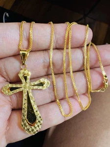 Saudi 22K 916 Real Pure Solid Gold Cross Set Necklace 20” Long 8.5g 1.6mm - Picture 1 of 24