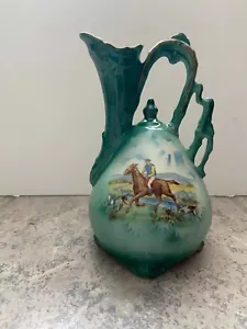 Fox Hunt Horse Hounds Equestrian Rider Ewer Vase Czechoslovakia Czech Pottery - Picture 1 of 5