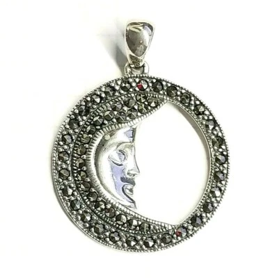 HALF MOON PENDANT All Marcasite Stones Moon Face Silhouette .925 STERLING SILVER - Image 1 of 2