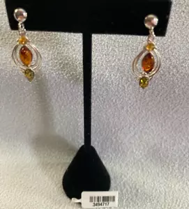 .925 STERLING SILVER Orange & Green Amber Citrine(?) Dangle Earrings Rope Detail - Picture 1 of 10