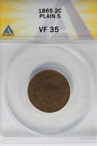 1865  .02  ANACS  VF 35  PLAIN 5  Two-cent piece, 2c, Shield Coin - Picture 1 of 2