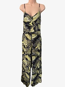 WAREHOUSE black tropical palm hawaiian print wide leg jumpsuit size 10 - Picture 1 of 3