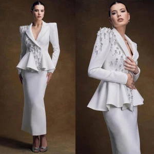 Abito donna elegante gonna glutei avvolgente bianco perline pizzo bavero festa abbigliamento attivo - Foto 1 di 6