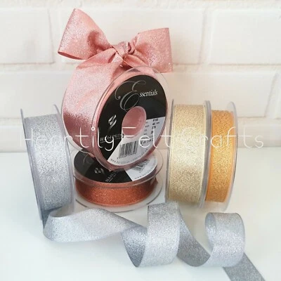 3,7,15,25,40mm Berisfords Sparkly Lame Ribbon Rose Gold Silver Copper Glitter