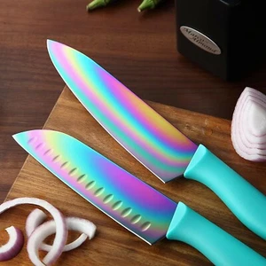 DISHWASHER SAFE KYA27 Rainbow Titanium Cutlery Knife Set, Marco Almond 14-Piece - Picture 1 of 3