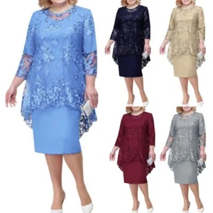 High-Waist Elegant Embroidery Lace Midi Dress Plus Size S-5XL O-Neck 3/4 Sleeve - Picture 1 of 17