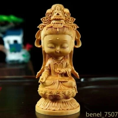 Estatua de dibujos animados de Avalokitesvara tallada a mano de madera maciza Feng Shui budista de 1 pieza Foto 1 de 4