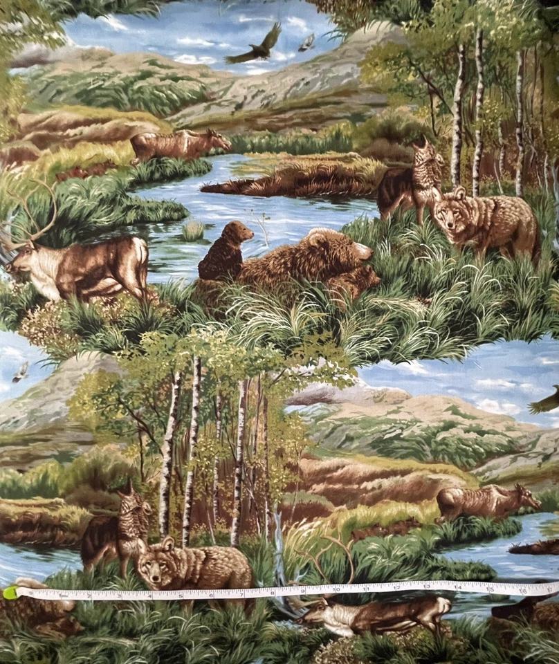 VINTAGE MODA WILDLIFE PRINT 100% COTTON FABRIC DEER BEAR WOLF - Image 1 of 1