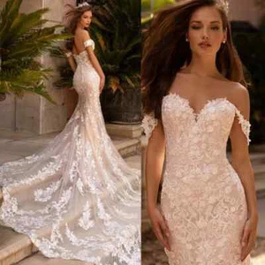 Sexy Vestidos de Novia de Sirena Hombro Descubierto Sin Mangas Encaje Apliques Vestidos de Novia - Imagen 1 de 8