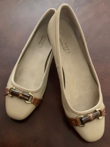 Talbots Size 10B Ballerina Flats Leather Tan Bamboo Trim Slip-On Made in Brazil  - Picture 1 of 9