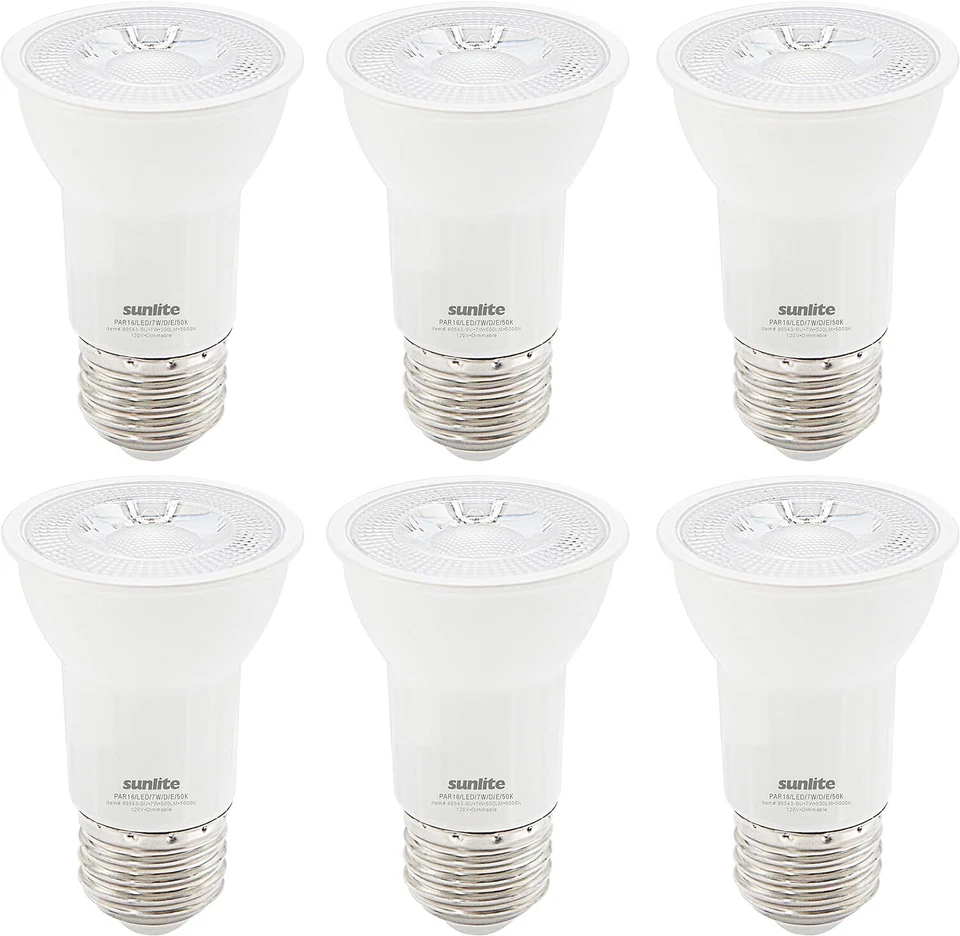 LED PAR16 Long Neck Light Bulb 7W, 75W, 500LM E26 Dimmable, ETL Listed, 50K, 6PK - Image 1 of 2