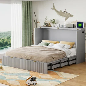 Queen Size Murphy Bed Frame Cabinet Bed W/ Drawer /USB Ports Guest Bed Gray - Picture 1 of 17