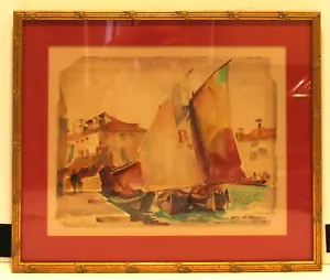 Glen Mitchell Signed Framed Watercolor Painting of Seaside Quay With Sailboats - Picture 1 of 8