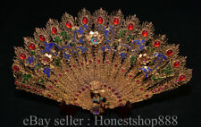14" Old Chinese Copper 24K Gold Gilt Cloisonne Filigree Gems Peacock Phoenix Fan