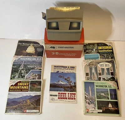 Vtg View-Master Viewer Tight Spring Tan W Box & 6 Packs Slides 18 Total READ - Image 1 of 4