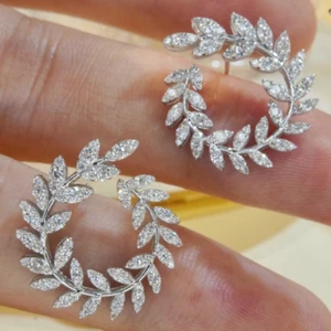 Elegant Olive Branch Leaf Natural Diamond Lady Stud Earrings 14K White Gold Gift - Picture 1 of 3