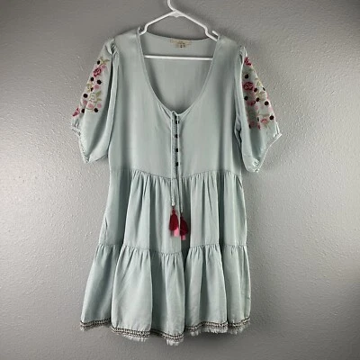 Mini Vestido Chelsea & Violeta Azul Cambray Rosa Bordado Niveles Boho Festival M Foto 1 de 4