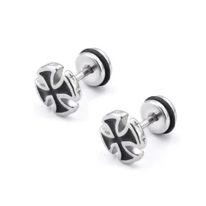 Men Unisex Black Iron Cross Stud Earrings Punk Gothic Jewelry Stainless Steel - Picture 1 of 3
