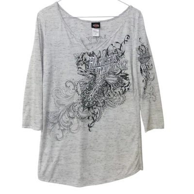 Camiseta para mujer Harley Davidson gris adornada mediana cuello en V manga 3/4 Foto 1 de 4