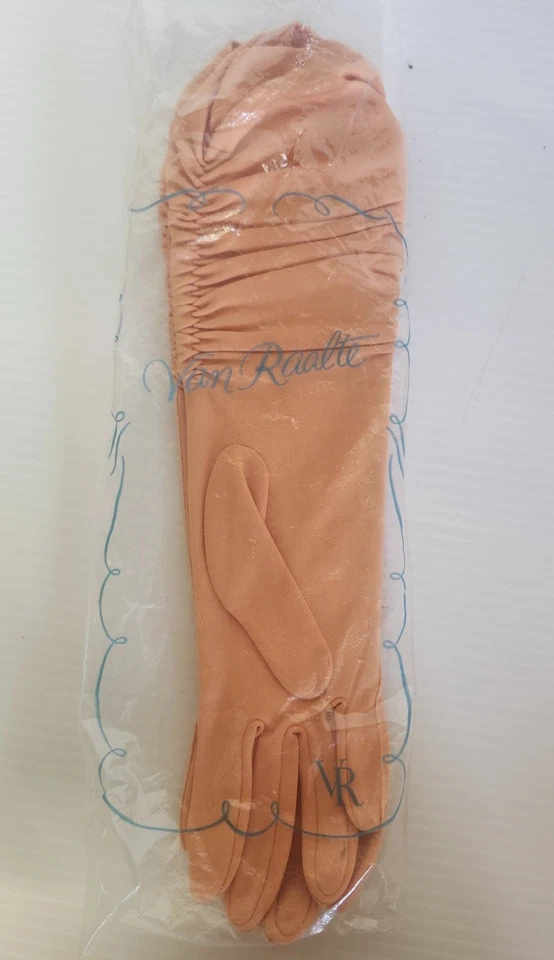 "Guantes largos acanalados de nailon melocotón Van Raalte vintage nuevos con etiquetas 14""" Foto 1 de 4
