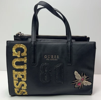 Vtg GUESS Sienna 81’ Satchel Faux Leather Handbag Sequined Moth Patch Black Y2K - Image 1 of 4