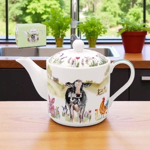 Fine China Floral & Farmyard 2 Cup Gift Boxed Teapot & Cow Horse Sheep Chicken - Picture 1 of 8