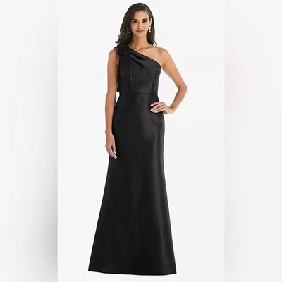 Alfred Sung Bow One-Shoulder Satin Trumpet Gown | Size 4 | Black - Image 1 of 4