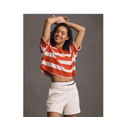 Camiseta Anthropologie T.La manga curta crop crew listrada vermelha e branca tamanho GG - Imagem 1 de 4