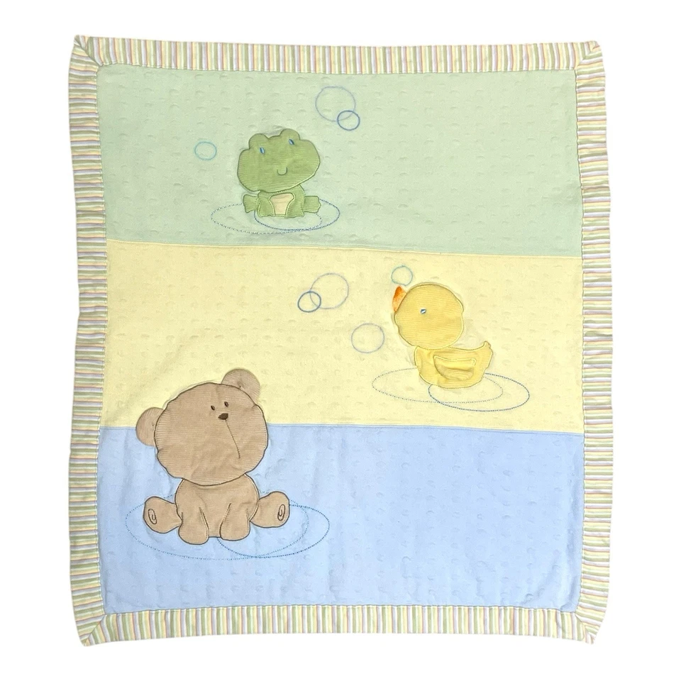 Vintage Carters Bear Duck Frog Bubbles Baby Blanket Yellow Blue Green Reversible - Image 1 of 4