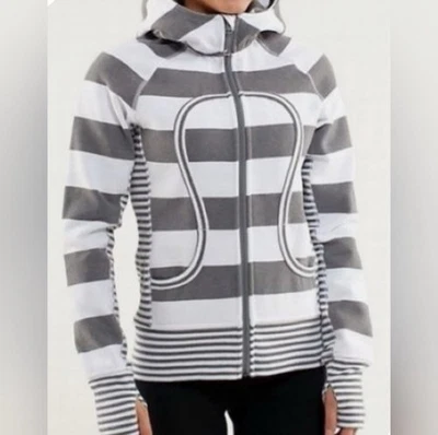 Толстовка с капюшоном женская Lululemon для подводного плавания размер 8 серая/белая на молнии в полоску с капюшоном толстовка - Изображение 1 из 4