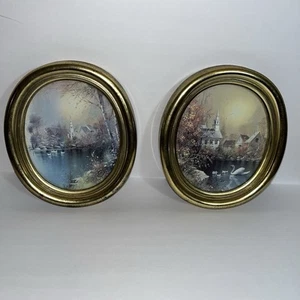 2er Set Vintage Home Interior Bilder Schwäne mit Häusern und Bäumen - Bild 1 von 4