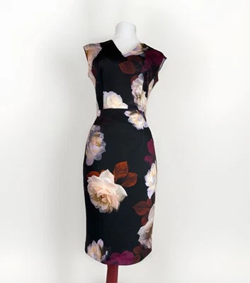 Calvin Klein Black White Floral Sheath Sleeveless Dress Knee Length Stretch Sz 2 - Image 1 of 4