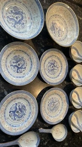 Chinese Porcelain Vintage Ceramic Dishes (Blue White DRAGON Rice Pattern) - Picture 1 of 10