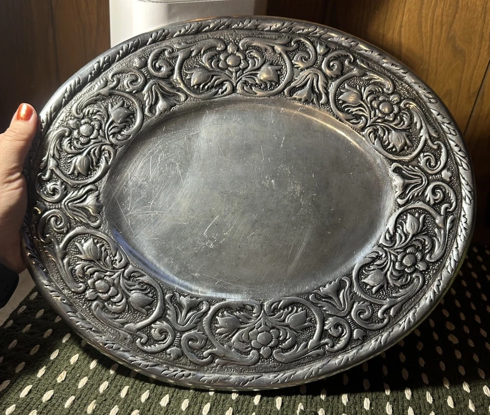 Wilton Large Pewter Oval Serving Tray 14.5x 12” Ornate Party Platter Holiday - Image 1 of 4