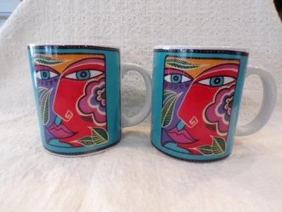 Juego de 2 tazas de café de cerámica coloridas con logotipo facial Laurel Burch 1995 GLOBAL SPIRIT Foto 1 de 4