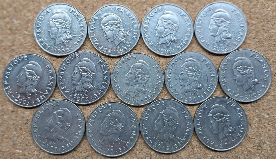13 Old French New Caledonia 20 franc Coins 1998-2017 Vintage World Foreign !! - Image 1 of 2
