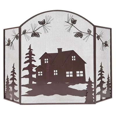 Pantalla decorativa de metal plegable para chimenea con casa cabaña albergue cono de pino en Foto 1 de 4
