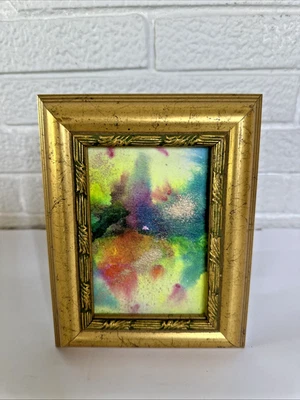 Mini pintura abstrata em aquarela original moldura dourada dourada - Imagem 1 de 3