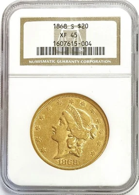 1868 S GOLD USA $20 DOLLAR LIBERTY COIN NGC EXTREMELY FINE 45 SAN FRANCISCO MINT - Image 1 of 2