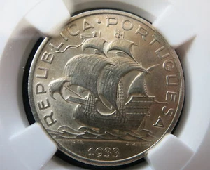PORTUGAL Republic Silver 5 Escudos 1933 NGC UNC Details Sailing Ship Graded - Picture 1 of 8