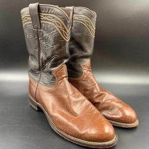 Men's Vintage 2 Tone Brown Justin Leather Cowboy Boots w/ Almond Shaped Toe - Picture 1 of 8