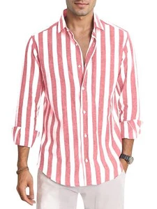 Mens Button Down Striped Shirts Long Sleeve Tops Casual Basic Shirt Blouses - Picture 1 of 8
